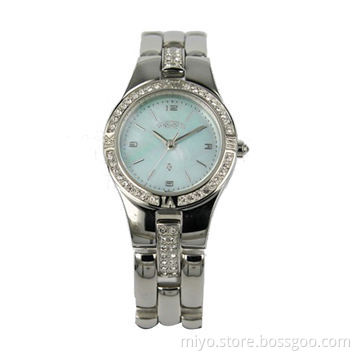 2014 Women's watch in round case with stones and quality SS bracelet, MOP dial, Japan movement